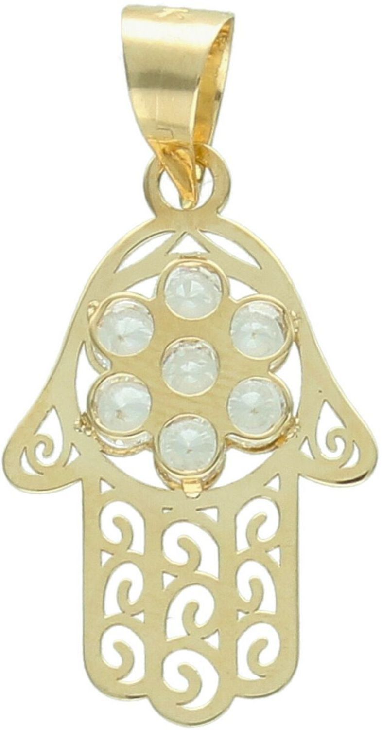 Zawieszka złota Ręka Fatimy próby 585, zdobiona cyrkoniami. Wymiary 2,5×1,3 cm, waga 0,61 g. Idealna jako prezent lub talizman ochronny.1.jpg